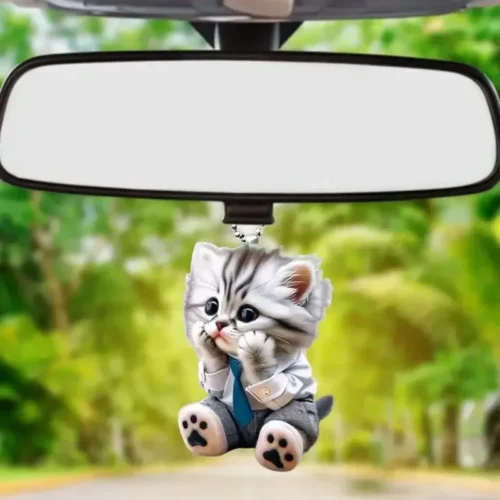 2D Car Pendant Hanging Ornament with Chain Realistic Animal Cat-Shaped Rearview Mirror Hanging Decor Car Interior Accessories